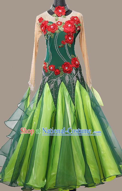 Custom Modern Dance Embroidered Green Dress International Dance Garment Ballroom Dancing Clothing Waltz Competition Fashion