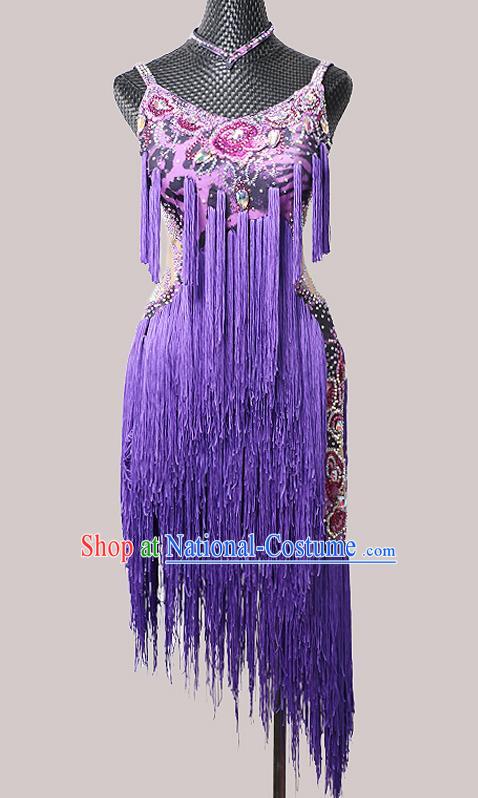 Top Ballroom Dance Fashion Latin Dance Costume Cha Cha Dance Purple Tassel Dress Modern Dance Competition Clothing