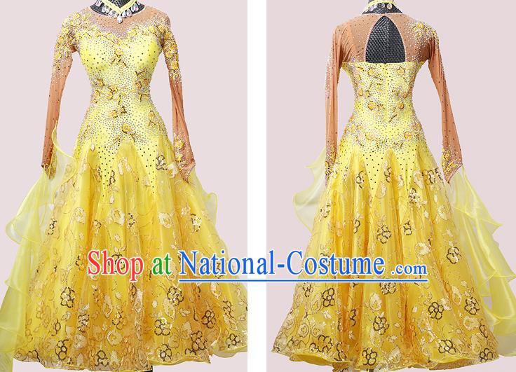 Custom International Dance Competition Yellow Dress Ballroom Dancing Clothing Waltz Performance Fashion Modern Dance Garment