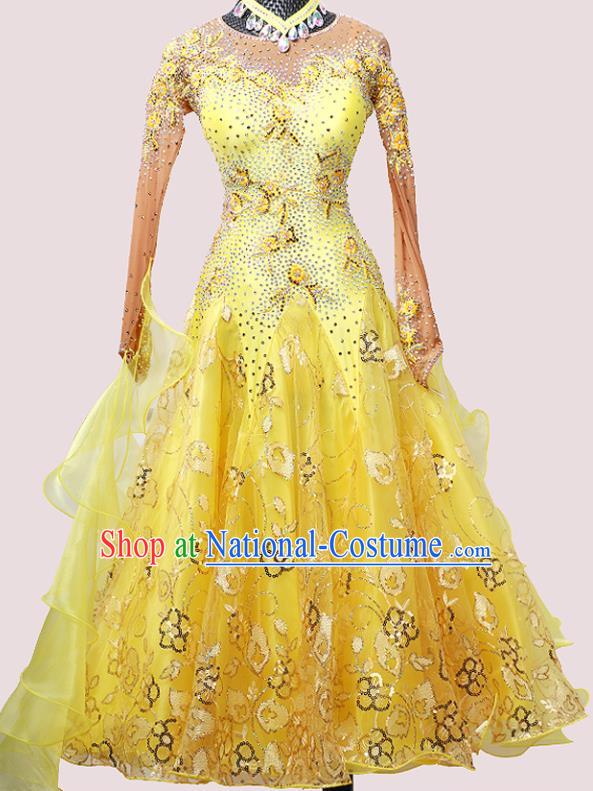 Custom International Dance Competition Yellow Dress Ballroom Dancing Clothing Waltz Performance Fashion Modern Dance Garment