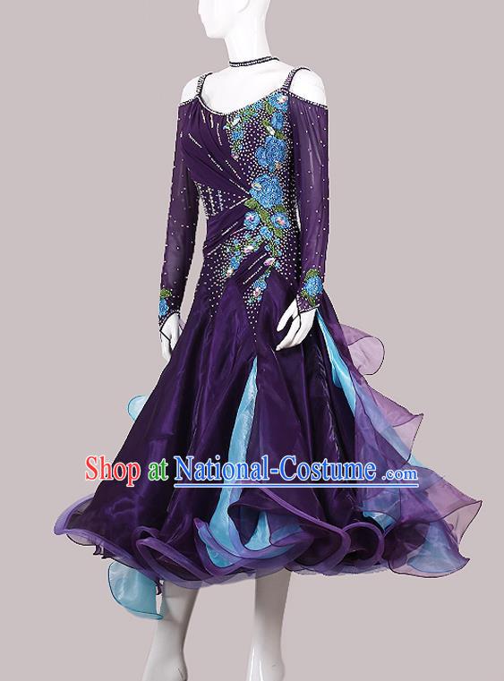 Professional International Dance Fashion Modern Dance Competition Clothing Waltz Performance Garment Costume Ballroom Dance Deep Purple Dress