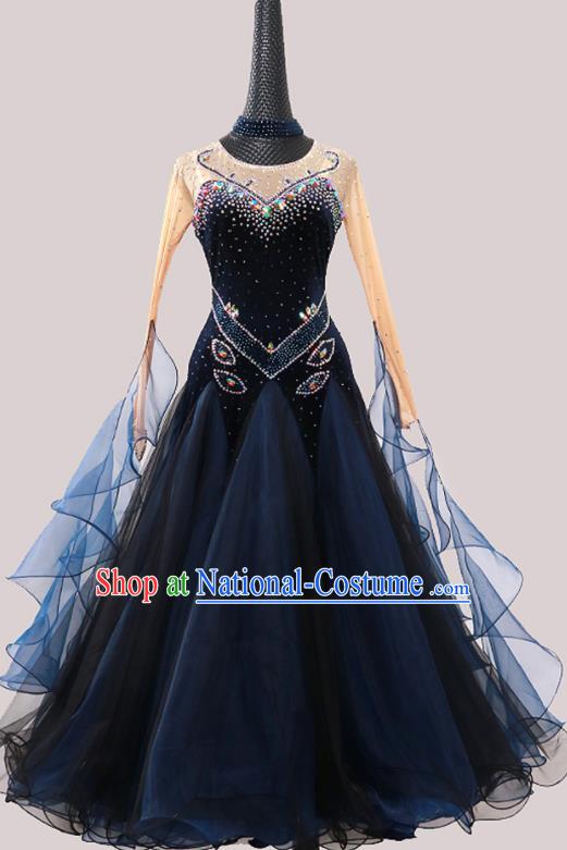 Custom Ballroom Dancing Clothing Waltz Dancewear Modern Dance Fashion Garment International Dance Navy Pleuche Dress