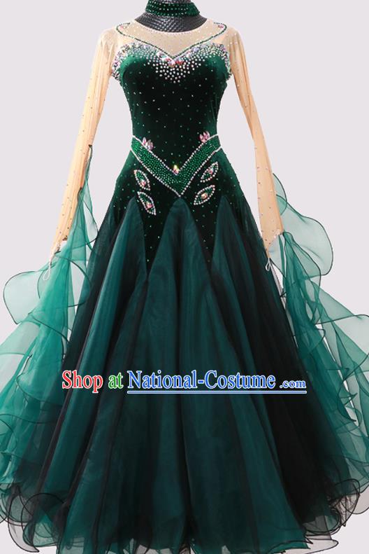 Custom International Dance Atrovirens Pleuche Dress Ballroom Dancing Clothing Waltz Dancewear Modern Dance Fashion Garment