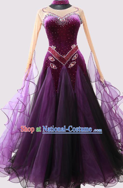 Custom Modern Dance Fashion Garment International Dance Purple Pleuche Dress Ballroom Dancing Clothing Waltz Dancewear