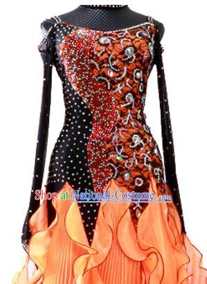 Custom Modern Dance Clothing International Dance Fashion Garment Waltz Dancing Orange Dress Ballroom Competition Dancewear