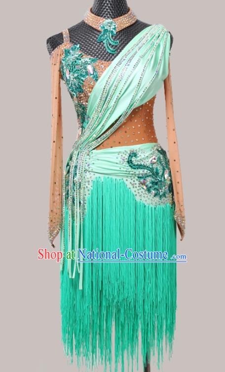 Top Modern Dance Competition Clothing Ballroom Dance Fashion Latin Dance Costume Cha Cha Dance Green Tassel Dress