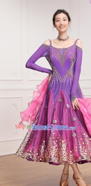 Custom Modern Dance Clothing International Dance Garment Tango Performance Costume Waltz Competition Purple Dress Ballroom Dancing Fashion