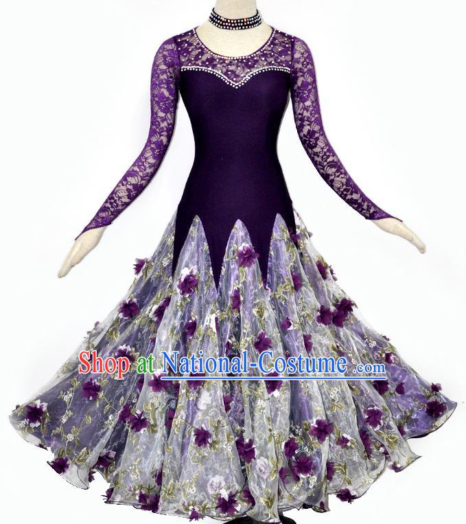 Custom Woman Waltz Training Dancewear Ballroom Dancing Purple Lace Dress Modern Dance Clothing International Dance Garment