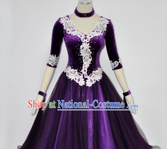 Custom Modern Dance Clothing International Dance Garment Woman Waltz Training Dancewear Ballroom Dancing Purple Pleuche Dress