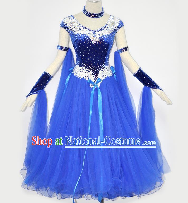 Custom International Dance Garment Woman Waltz Training Dancewear Ballroom Dancing Blue Pleuche Dress Modern Dance Clothing