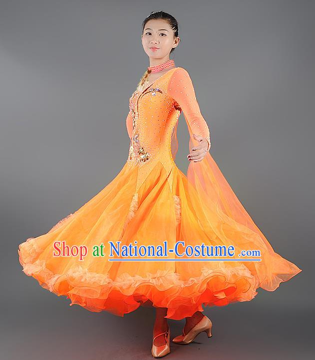 Custom Ballroom Dancing Orange Dress Modern Dance Clothing International Dance Garment Woman Waltz Performance Dancewear