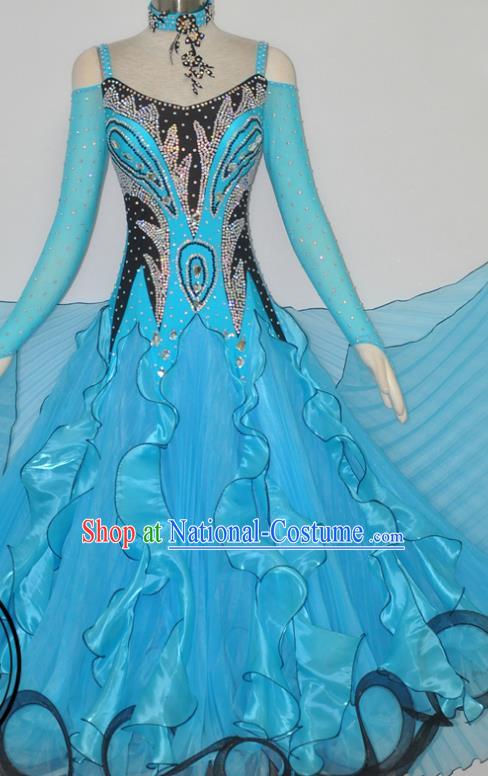 Custom Ballroom Dancing Costume Modern Dance Blue Dress International Dance Competition Garment Woman Waltz Performance Dancewear