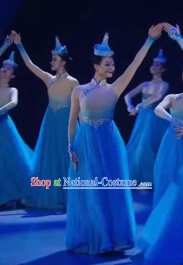 Chinese Mongolian Minority Dance Outfits Ethnic Stage Performance Garment Costume Mongol Nationality Group Dance Blue Dress Clothing