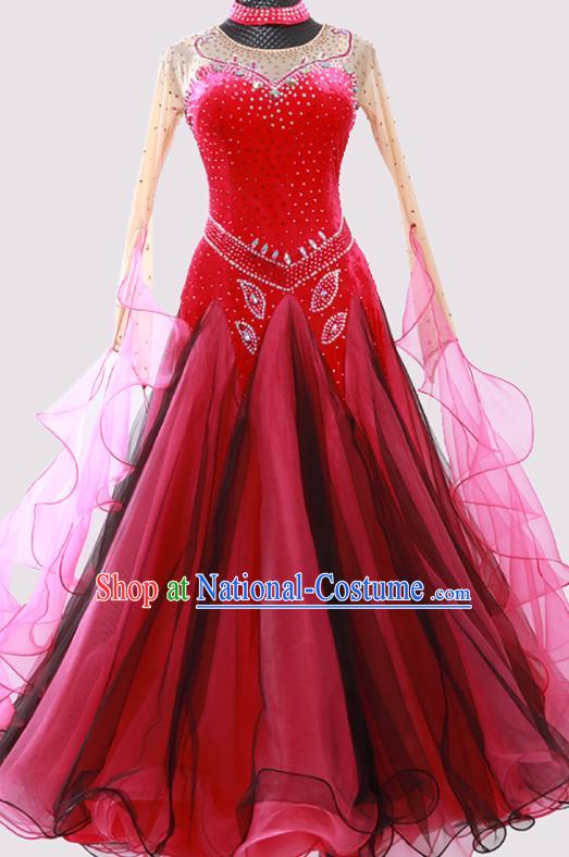 Custom Modern Dance Fashion Garment International Dance Red Pleuche Dress Ballroom Dancing Clothing Waltz Dancewear