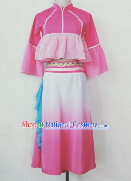 China Women Lotus Dance Fashions Folk Dance Uniforms Fan Dance Costumes Yangko Dance Pink Outfits