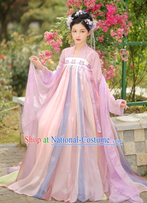 China Tang Dynasty Palace Princess Clothing Traditional Garment Costumes Ancient Young Beauty Pink Hanfu Dress