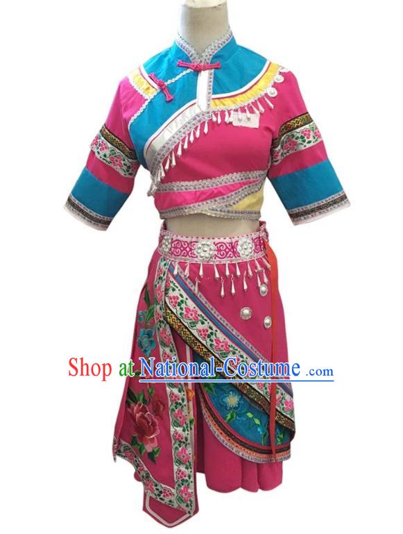 Chinese Zhuang Minority Woman Rosy Uniforms Guangxi Ethnic Performance Garment Costumes Yao Nationality Folk Dance Clothing