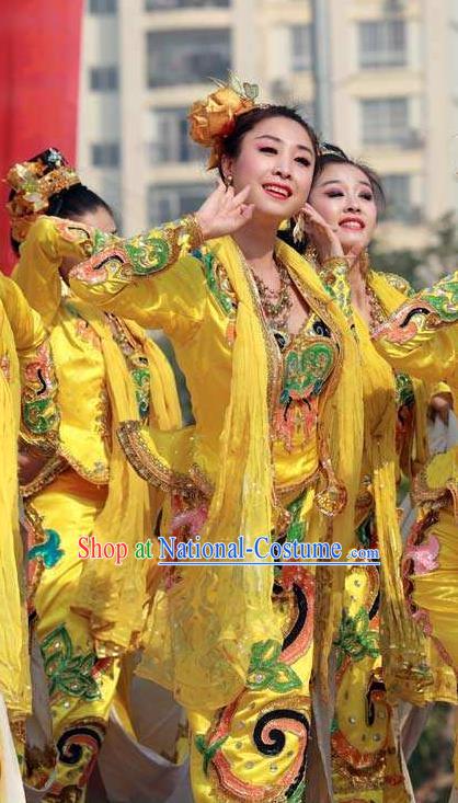 Chinese Xinjiang Minority Woman Yellow Uniforms Uyghur Ethnic Performance Garment Costumes Uighur Nationality Folk Dance Clothing