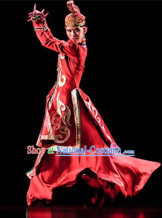 Chinese Mongolian Nationality Folk Dance Clothing Mongol Minority Woman Red Dress Uniforms Ethnic Performance Garment Costumes