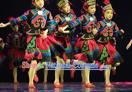 Chinese Yi Minority Children Dress Uniforms Ethnic Performance Garment Costumes Xiangxi Nationality Girl Folk Dance Clothing