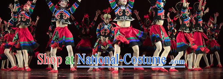 Chinese Yi Minority Children Dress Uniforms Ethnic Performance Garment Costumes Xiangxi Nationality Girl Folk Dance Clothing