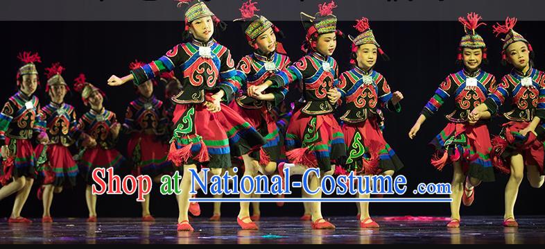 Chinese Yi Minority Children Dress Uniforms Ethnic Performance Garment Costumes Xiangxi Nationality Girl Folk Dance Clothing