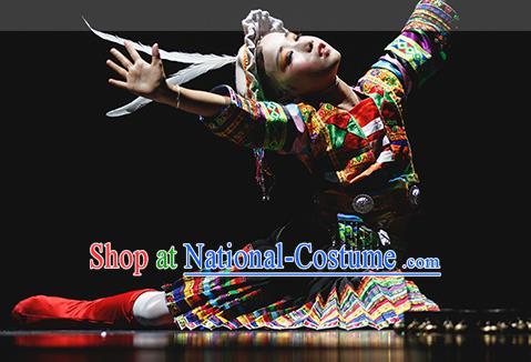 Chinese Minority Performance Garment Costumes Yi Nationality Girl Folk Dance Clothing Ethnic Children Dress Uniforms