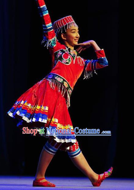 Chinese Xiangxi Minority Performance Garment Costumes Miao Nationality Folk Dance Clothing Hmong Ethnic Children Red Dress Uniforms