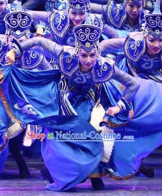 Chinese Mongolian Minority Performance Garment Costumes Mongol Nationality Dance Clothing Ethnic Folk Dance Blue Dress Uniforms