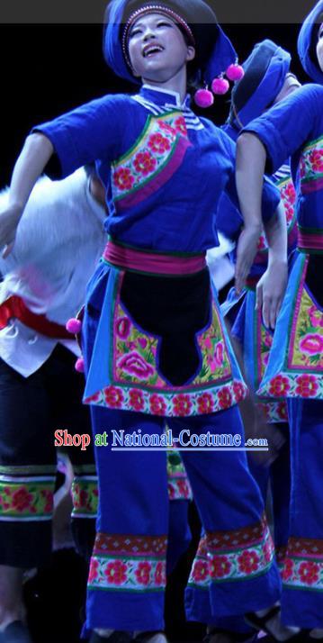 China Woman Group Dance Fashions Picking Tea Dance Uniforms Fan Dance Costumes Folk Dance Blue Outfits