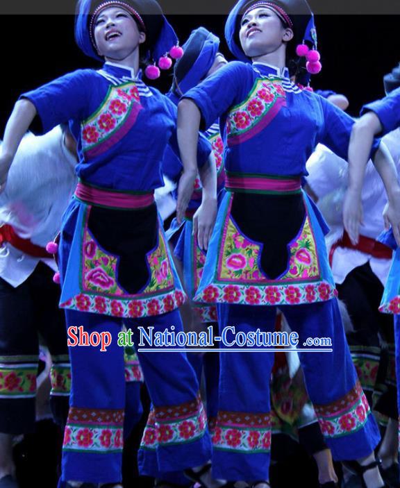 China Woman Group Dance Fashions Picking Tea Dance Uniforms Fan Dance Costumes Folk Dance Blue Outfits