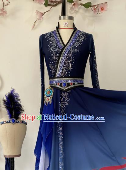 Chinese Ethnic Folk Dance Blue Dress Uniforms Mongolian Minority Performance Garment Costumes Mongol Nationality Woman Clothing