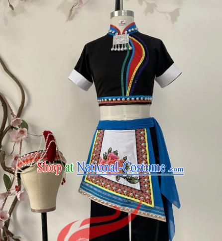 Chinese She Nationality Woman Clothing Ethnic Folk Dance Black Uniforms Minority Performance Garment Costumes