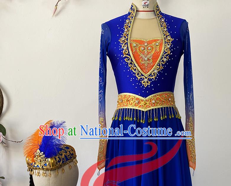 Chinese Uyghur Minority Performance Garment Costumes Uighur Nationality Woman Clothing Xinjiang Ethnic Folk Dance Royalblue  Dress Uniforms