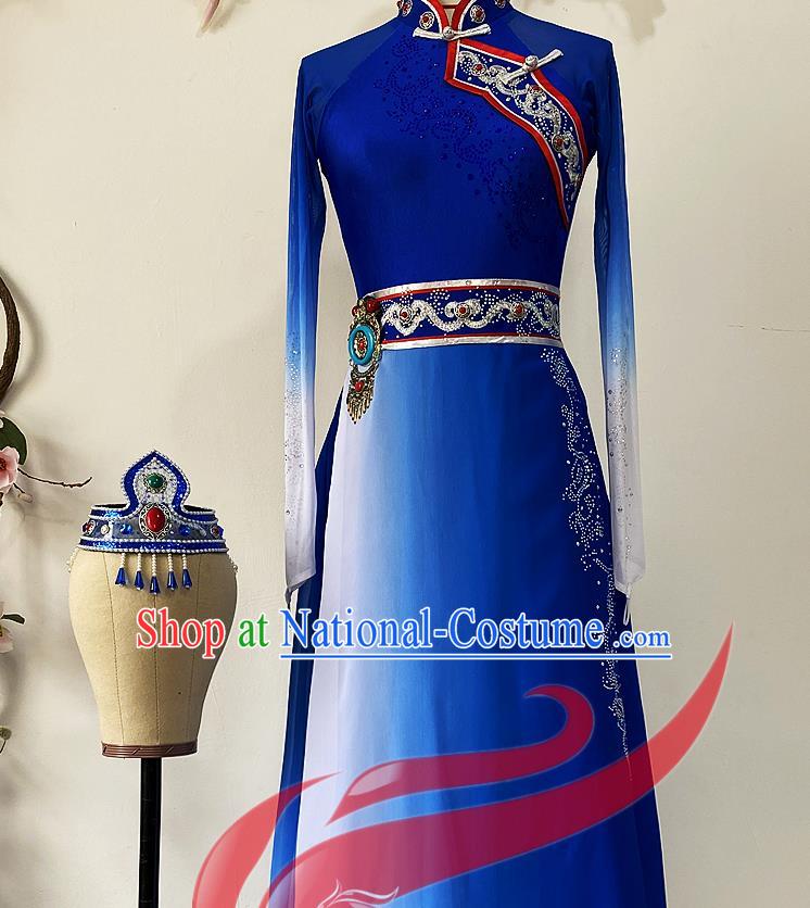 Chinese Ethnic Folk Dance Royalblue Dress Uniforms Mongol Minority Performance Garment Costumes Mongolian Nationality Bowl Dance Clothing