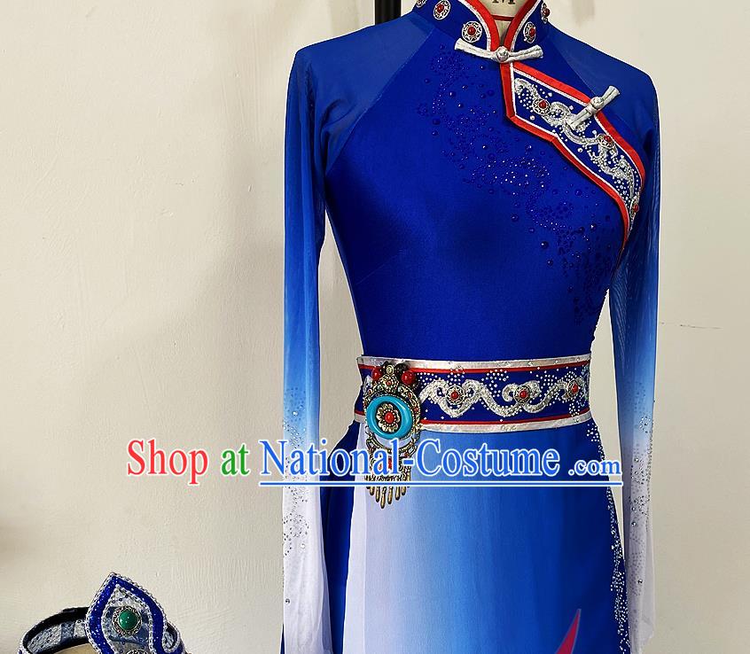 Chinese Ethnic Folk Dance Royalblue Dress Uniforms Mongol Minority Performance Garment Costumes Mongolian Nationality Bowl Dance Clothing