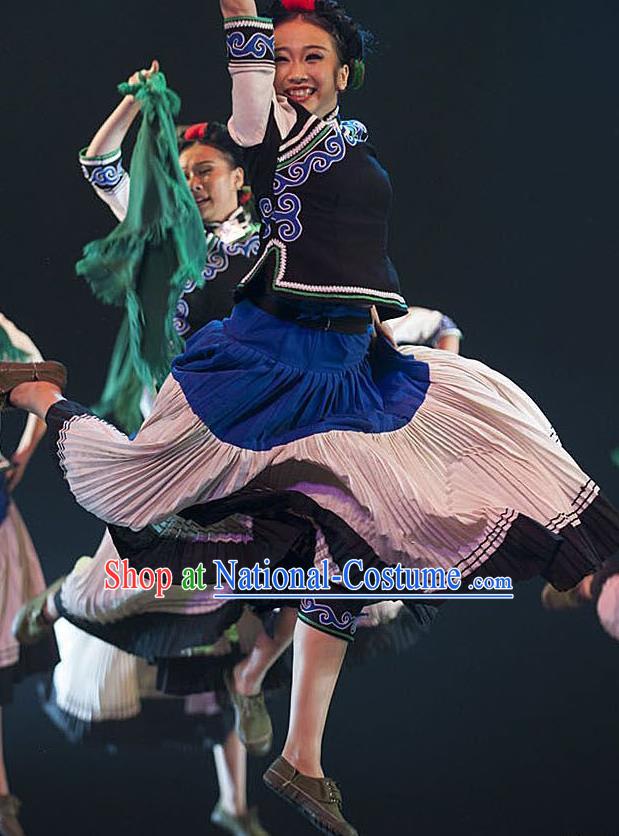 Chinese Ethnic Stage Performance Dress Uniforms Xiangxi Minority Female Garment Costumes Tujia Nationality Folk Dance Clothing