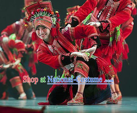 Chinese Yi Nationality Folk Dance Clothing Ethnic Wedding Bride Red Dress Uniforms Xiangxi Minority Performance Garment Costumes