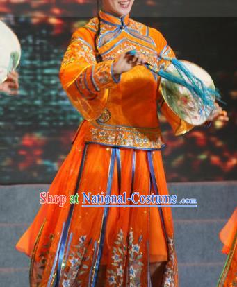 Chinese Stage Performance Orange Dress Outfits Woman Group Dance Clothing Classical Dance Qing Dynasty Garment Costumes