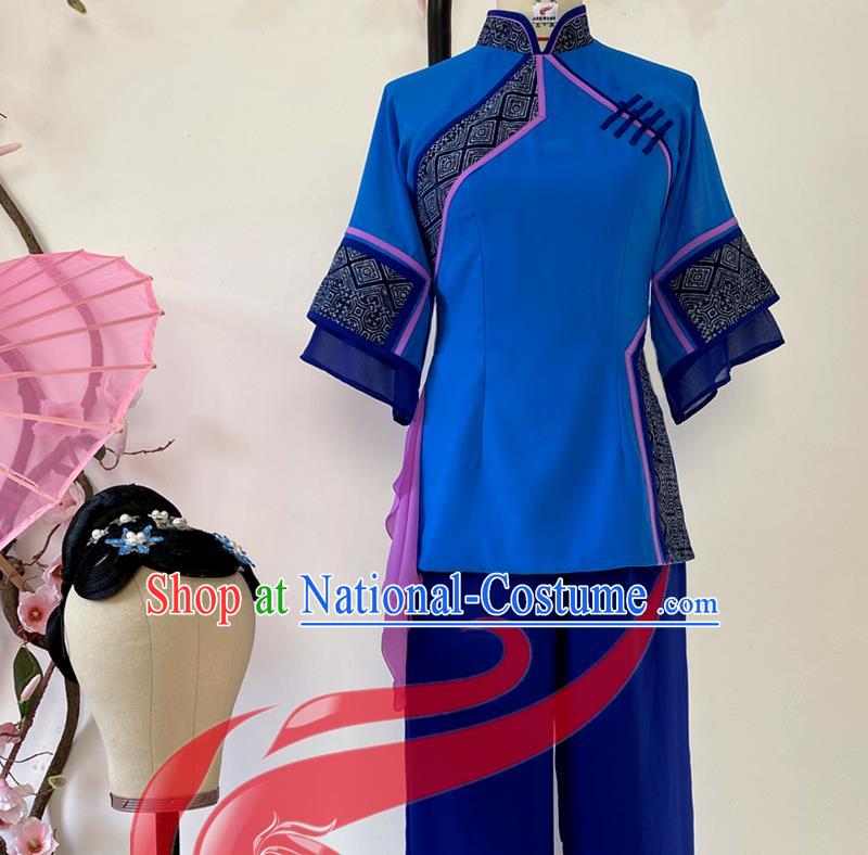 China Folk Dance Deep Blue Outfits Woman Group Dance Fashions Yangko Dance Uniforms Fan Dance Costumes