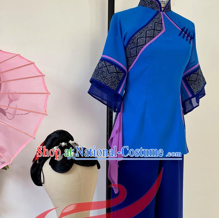 China Folk Dance Deep Blue Outfits Woman Group Dance Fashions Yangko Dance Uniforms Fan Dance Costumes