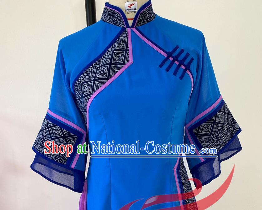 China Folk Dance Deep Blue Outfits Woman Group Dance Fashions Yangko Dance Uniforms Fan Dance Costumes