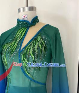 China Jiaozhou Yangko Dance Green Uniforms Fan Dance Costumes Folk Dance Outfits Woman Group Dance Apparels