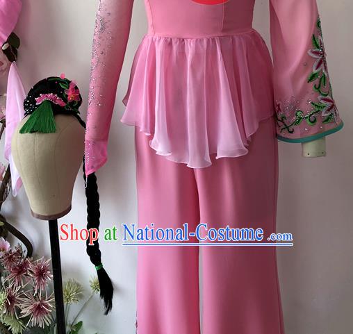 China Woman Group Dance Apparels Jiaozhou Yangko Dance Pink Uniforms Fan Dance Costumes Folk Dance Outfits