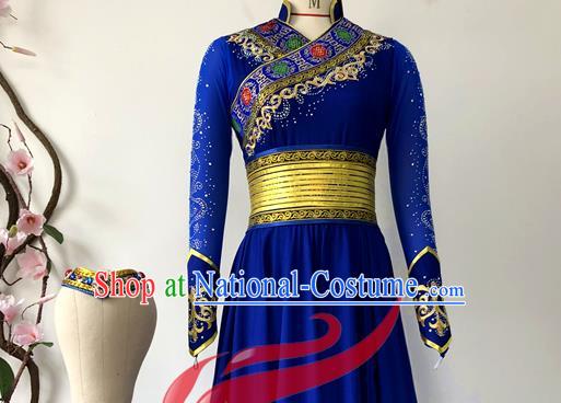 Chinese Mongol Minority Performance Garment Costumes Mongolian Nationality Woman Dance Clothing Ethnic Dance Royalblue Dress Uniforms