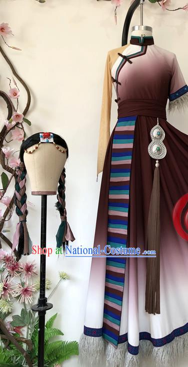 Chinese Ethnic Dance Brown Dress Uniforms Zang Minority Performance Garment Costumes Tibetan Nationality Woman Dance Clothing