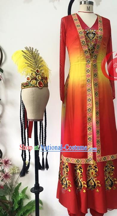 Chinese Uyghur Nationality Woman Dance Clothing Ethnic Dance Red Dress Uniforms Xinjiang Minority Performance Garment Costumes