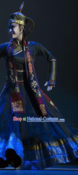 Chinese Mongolian Minority Performance Garment Costumes Mongol Nationality Woman Dance Clothing Ethnic Dance Black Dress Uniforms and Hat