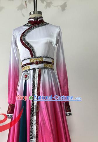 Chinese Ethnic Dance Rosy Dress Uniforms Mongolian Minority Performance Garment Costumes Mongol Nationality Woman Dance Clothing