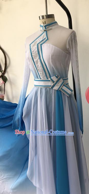 Chinese Mongol Nationality Woman Dance Clothing Ethnic Dance Blue Dress Uniforms Mongolian Minority Performance Garment Costumes